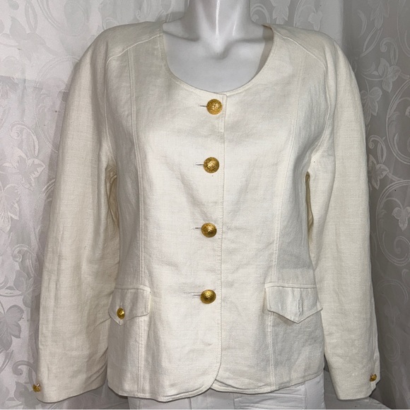 JH Collectibles Pure Linen Ecru White Golden Button Classic Vintage Blazer - Picture 5 of 11